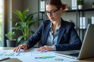 Femme d affaires en réunion avec graphiques colorés