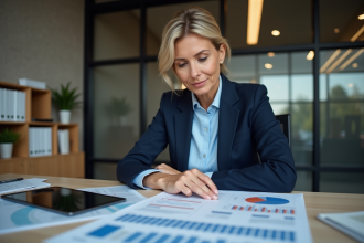 Femme d'affaires en revue un rapport financier détaillé
