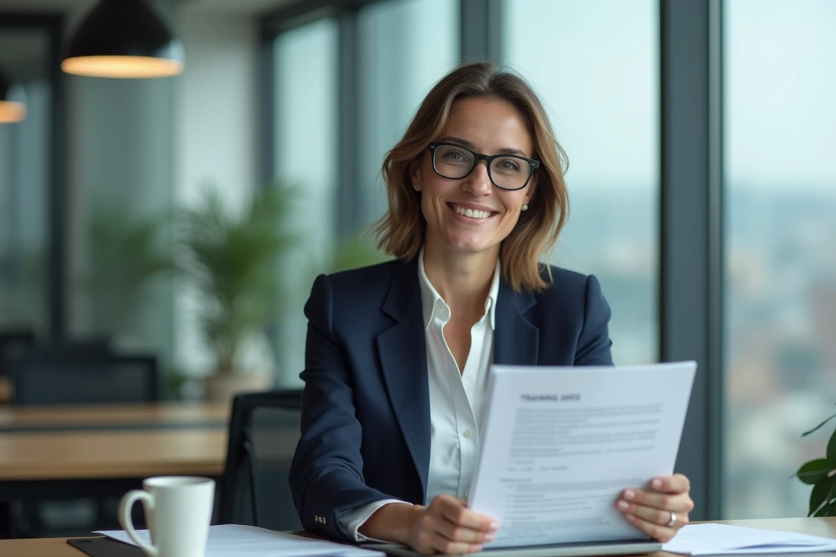 Femme d'affaires en costume navy souriante dans un bureau moderne