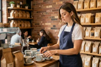 Jeune femme travaillant dans un café sans diplôme, illustrant les métiers accessibles sans expérience