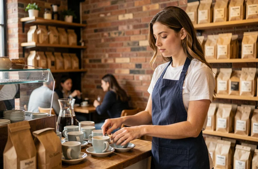 Jeune femme travaillant dans un café sans diplôme, illustrant les métiers accessibles sans expérience