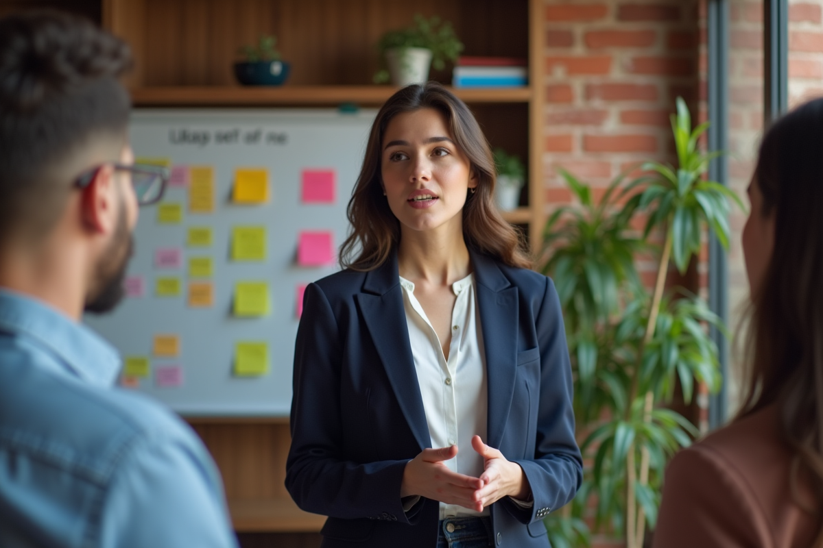 Jeune femme en brainstorming avec tableau de notes colorées