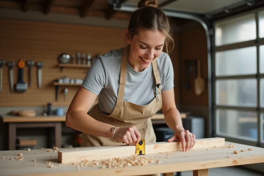 Femme adulte mesurant une planche en bois dans un atelier de bricolage à domicile, tablier beige, expression concentrée et confiante