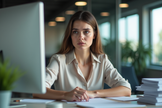 Jeune femme au bureau avec expression préoccupée