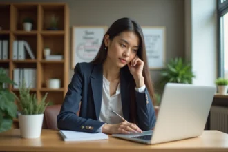 Jeune femme en bureau moderne contemplant l'inscription