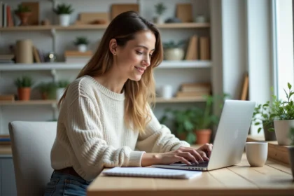 Femme concentrée travaillant dans un bureau cosy et créatif
