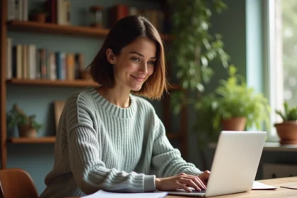 Femme concentrée travaillant sur son ordinateur dans un bureau cosy