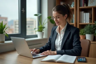 Femme en bureau moderne avec ordinateur et plantes