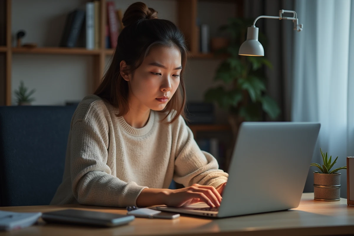 Jeune femme au bureau regardant un message d'erreur sur son ordinateur