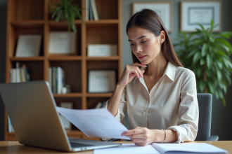 Femme concentrée au bureau avec ordinateur et brochure