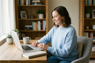 Jeune femme au bureau dans un intérieur cosy et moderne