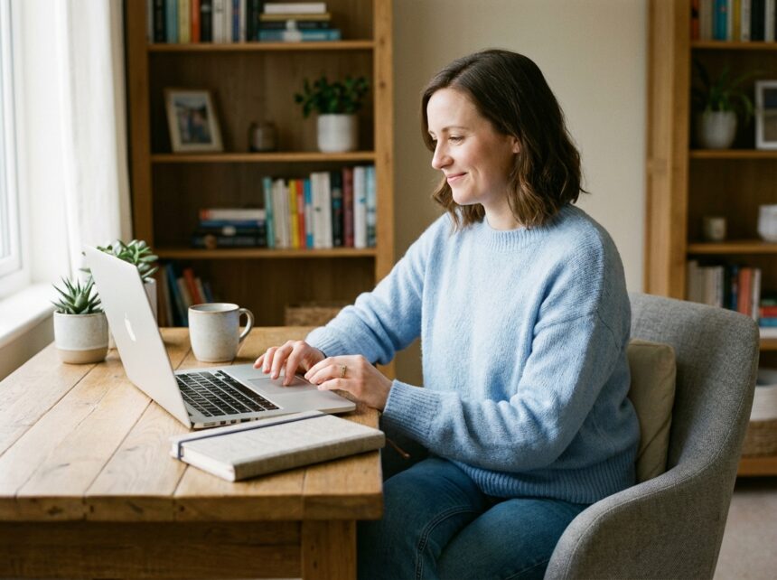 Jeune femme au bureau dans un intérieur cosy et moderne