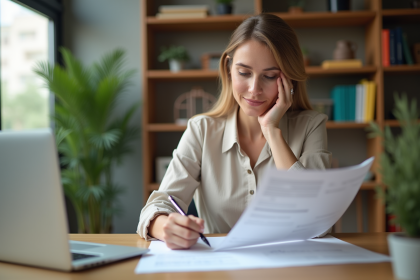 Femme professionnelle en bureau avec documents et ordinateur