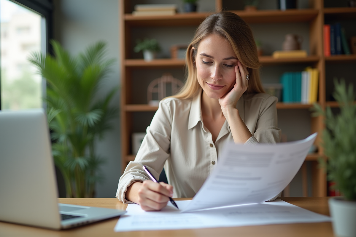 Femme professionnelle en bureau avec documents et ordinateur