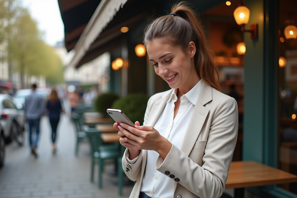 Jeune femme utilisant un smartphone dans un café urbain français