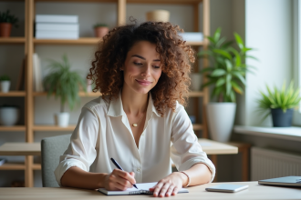 Femme en coaching en bureau lumineux et moderne
