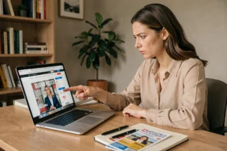 Femme comparant les prix d'un magazine business en ligne sur son ordinateur portable dans un bureau à domicile