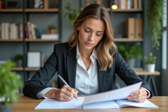 Femme concentrée à son bureau en tenue casual