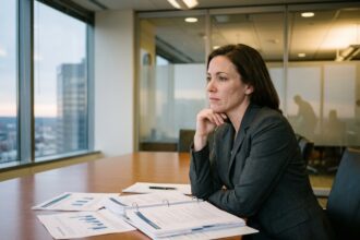 Femme d'affaires pensive dans une salle de réunion moderne