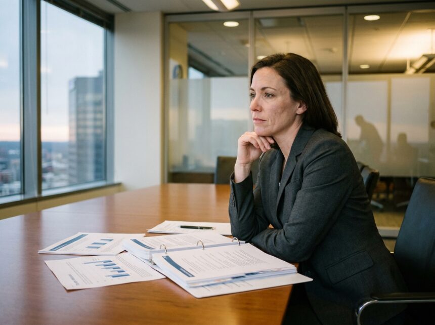 Femme d'affaires pensive dans une salle de réunion moderne