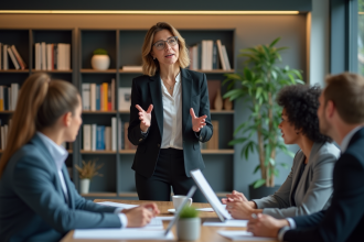 Femme confiante en réunion dans un bureau moderne