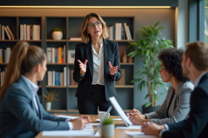 Femme confiante en réunion dans un bureau moderne