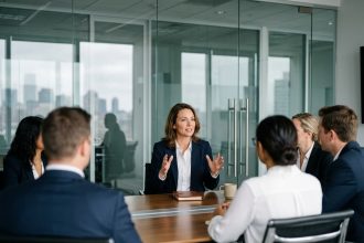 Femme confiante en costume dans une salle de réunion moderne