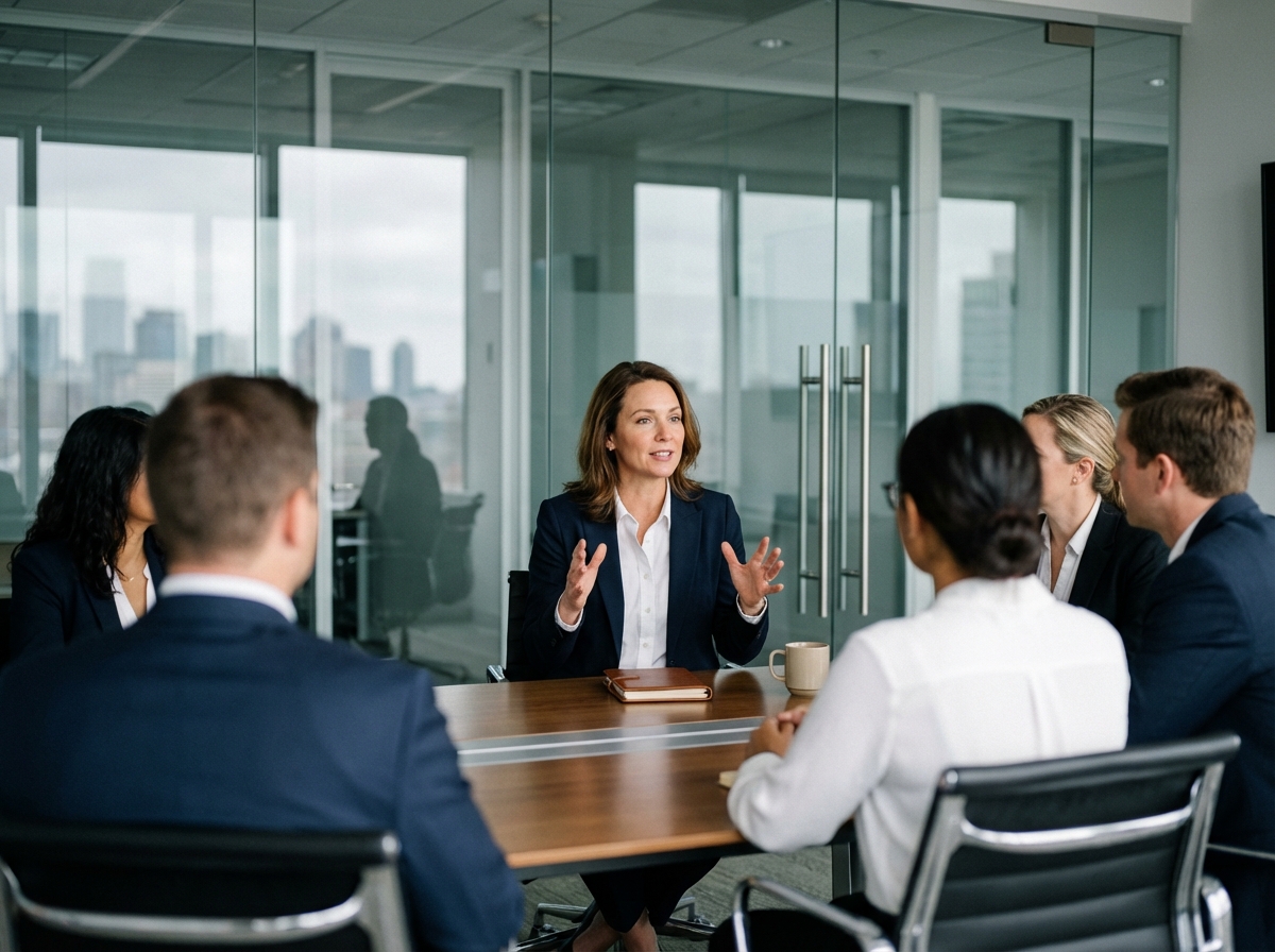 Femme confiante en costume dans une salle de réunion moderne
