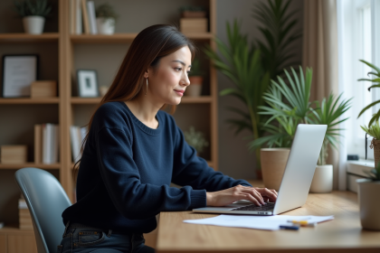 Femme en ligne d'étude dans un bureau à domicile