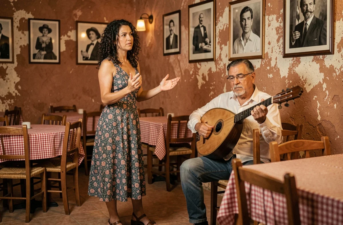 Femme découvrant la musique grecque au bouzouki dans une taverne traditionnelle