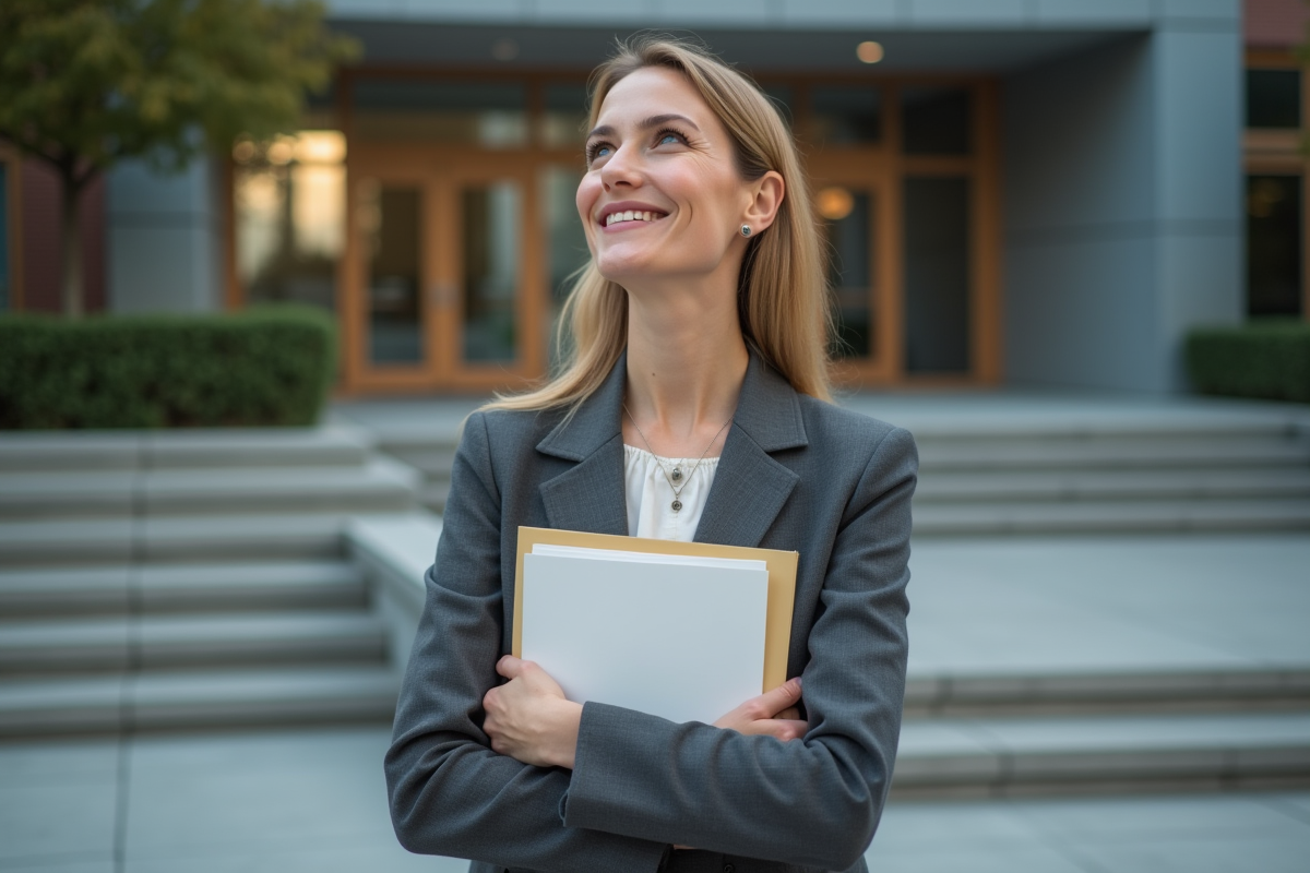 Femme souriante devant un bâtiment éducatif moderne