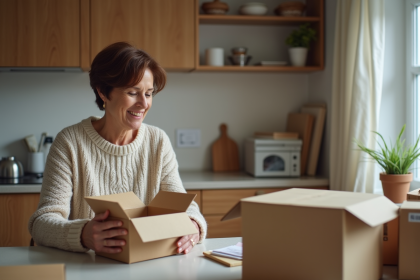 Femme d'âge moyen emballant des petits objets dans la cuisine