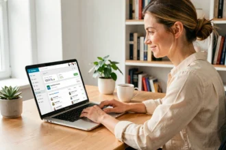 Femme entrepreneur gérant sa stratégie d'emailing pour remplir ses formations en ligne depuis son bureau à domicile
