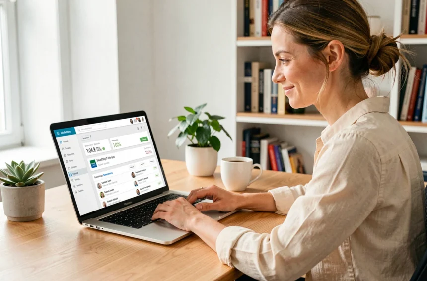 Femme entrepreneur gérant sa stratégie d'emailing pour remplir ses formations en ligne depuis son bureau à domicile
