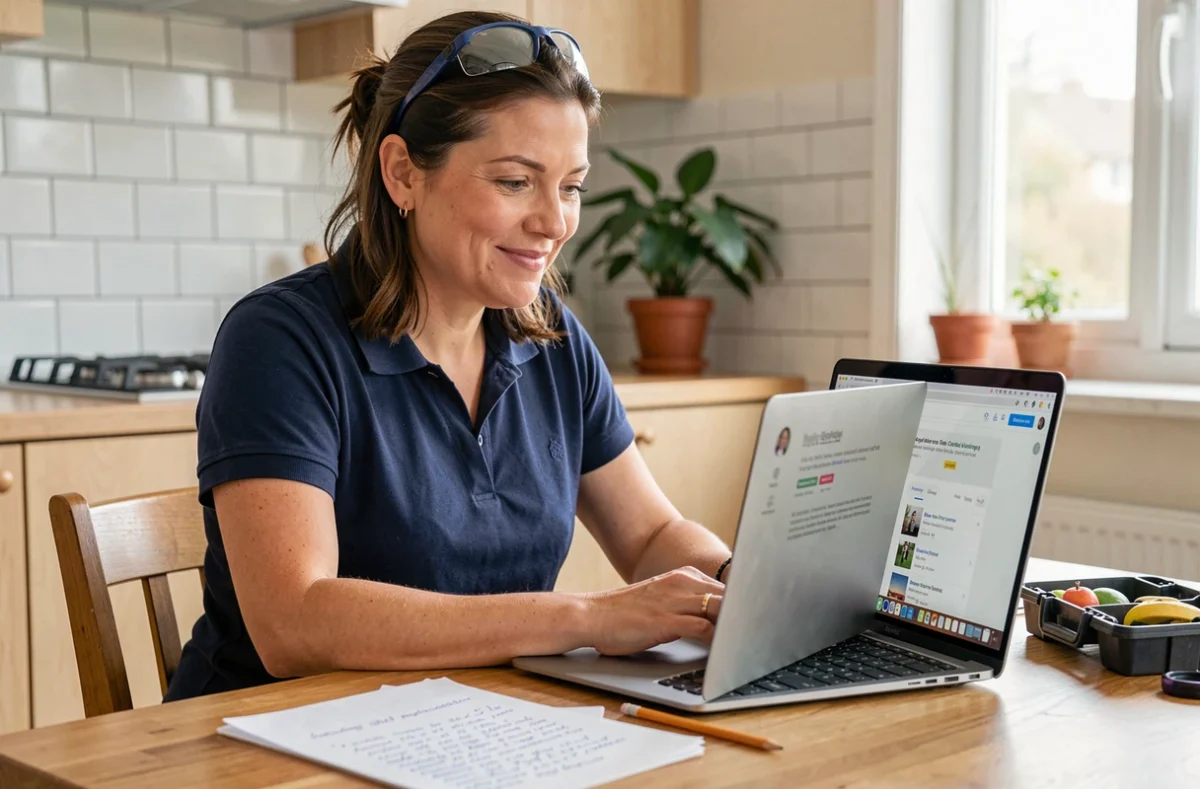 Femme suivant une formation bricolage en ligne depuis chez elle et rédigeant un avis sur sa certification