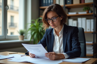 Femme française examinant des documents fiscaux dans un bureau