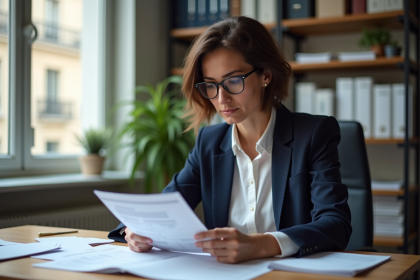 Femme française examinant des documents fiscaux dans un bureau