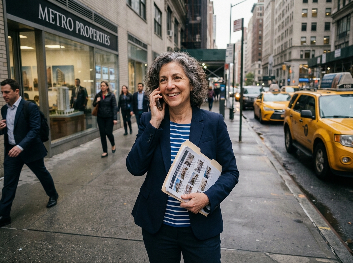 Femme souriante dans une agence immobiliere urbaine