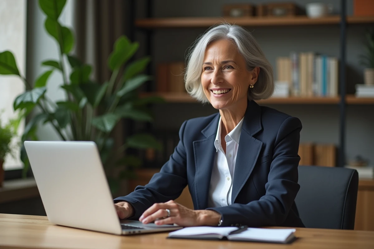 Mentor femme souriante en vidéoconférence dans un bureau à domicile