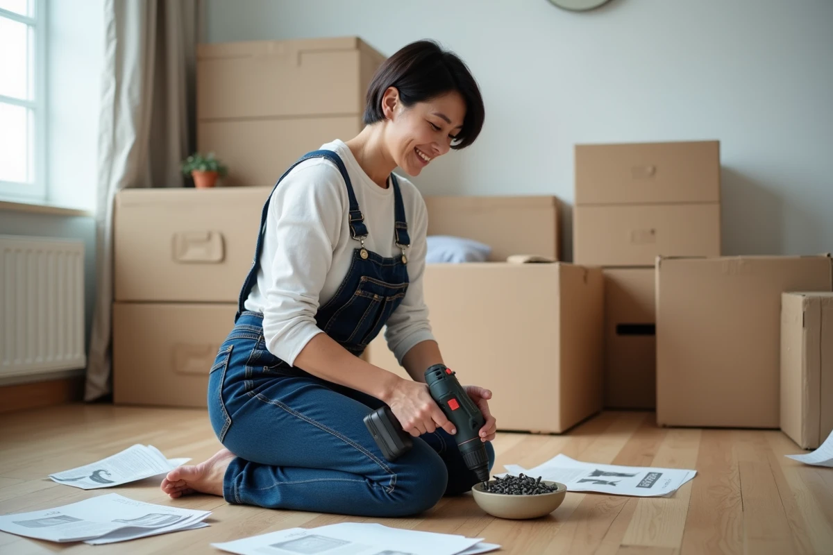 Femme assemblant un meuble en kit avec une perceuse sans fil dans un salon moderne, salopette en jean, posture assurée et autonome