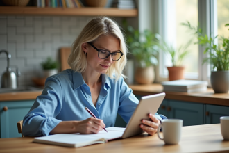 Femme en blouse bleue écrit des notes dans une cuisine moderne