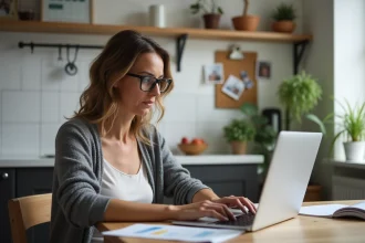 Femme concentrée devant son ordinateur dans une cuisine moderne
