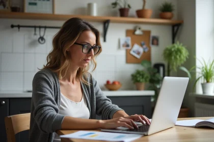 Femme concentrée devant son ordinateur dans une cuisine moderne
