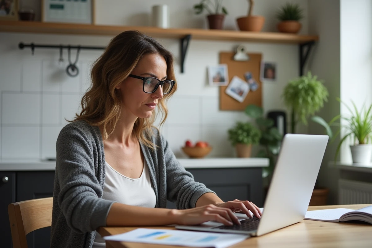 Femme concentrée devant son ordinateur dans une cuisine moderne