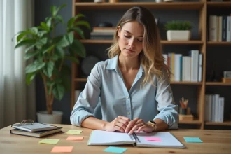 Femme organisée arrangeant des notes sur un planner dans un bureau
