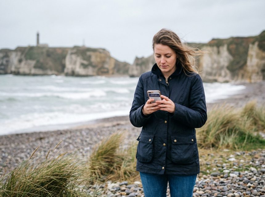 Jeune femme sur la plage de Normandie vérifiant ses offres d'emploi