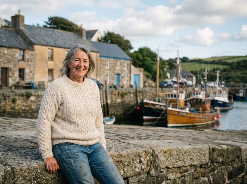 Femme souriante dans un port breton au bord de l'eau