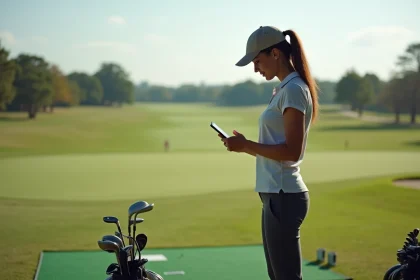 Femme lisant une newsletter de golf en plein air