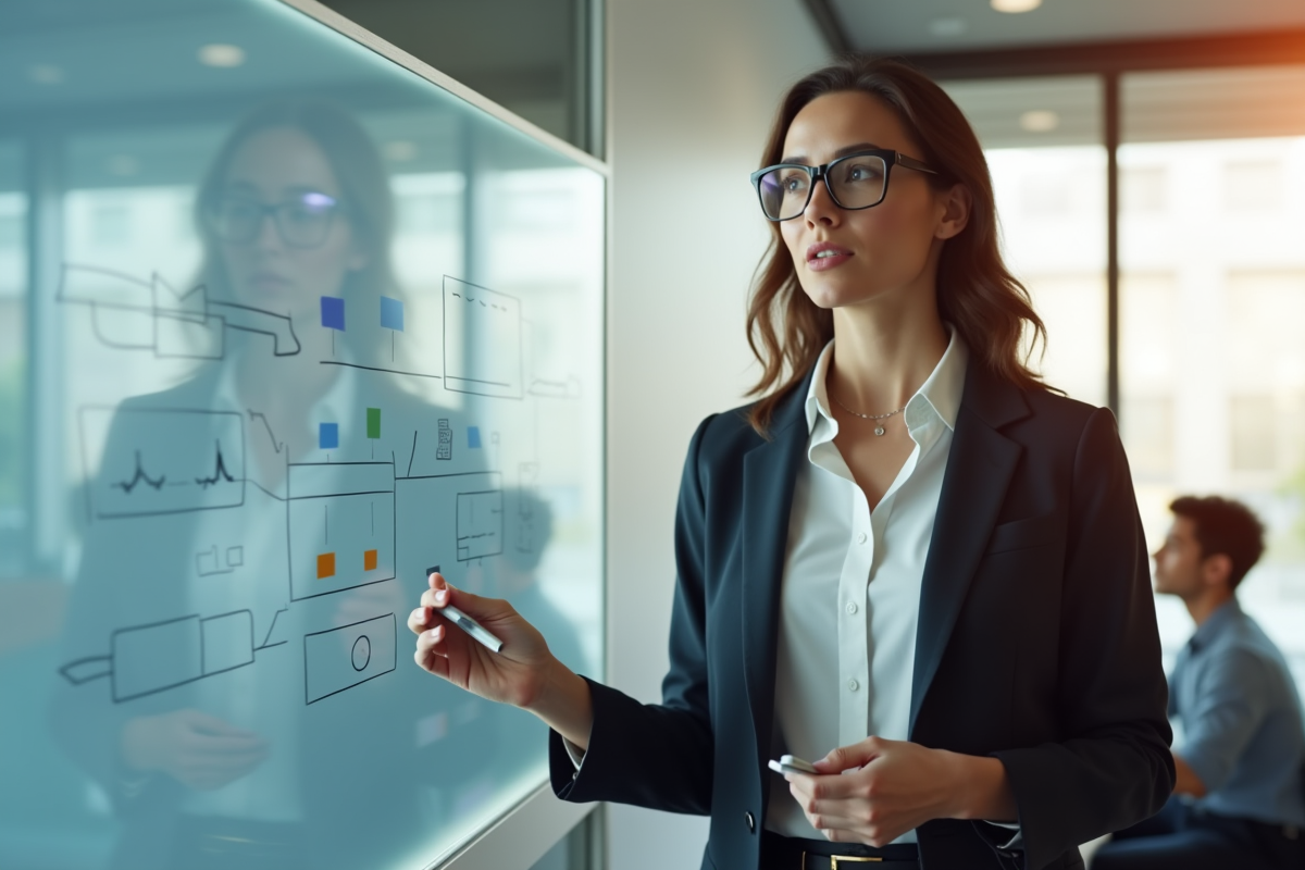 Femme confiante expliquant stratégie de formation en réunion