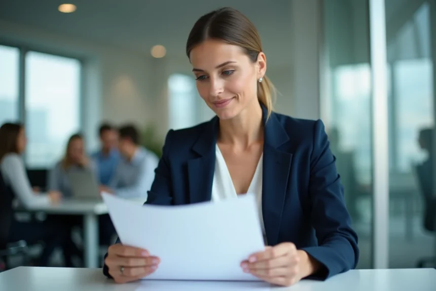 Femme professionnelle relisant une lettre de recommandation dans un bureau moderne